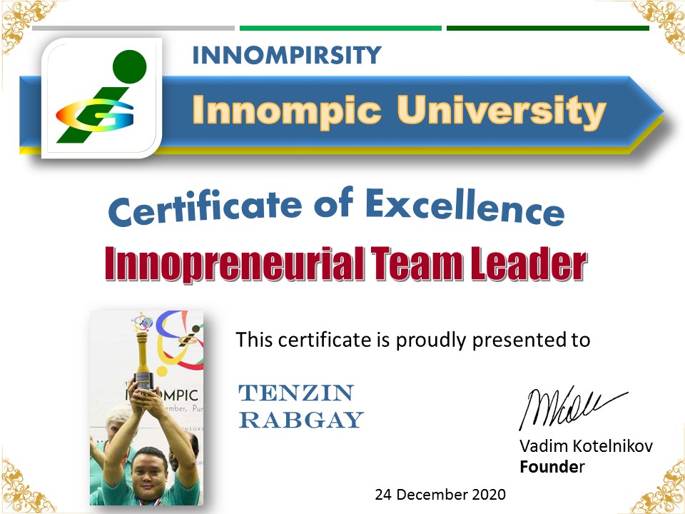 Innopreneurial Team Leader award certificate Tenzin Rabgay Bhutan innovation entrepreneurship leadership