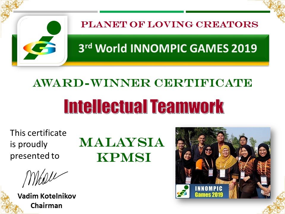 Intellectual Teamwork award certificate Malaysia KPMSI World Innompic Games 2019, India