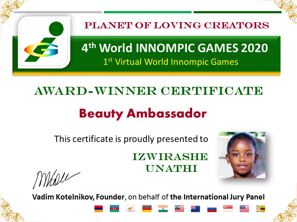 Beauty Ambassador award certicate, Izwirashe Unathi, Zimbabwe, Africa