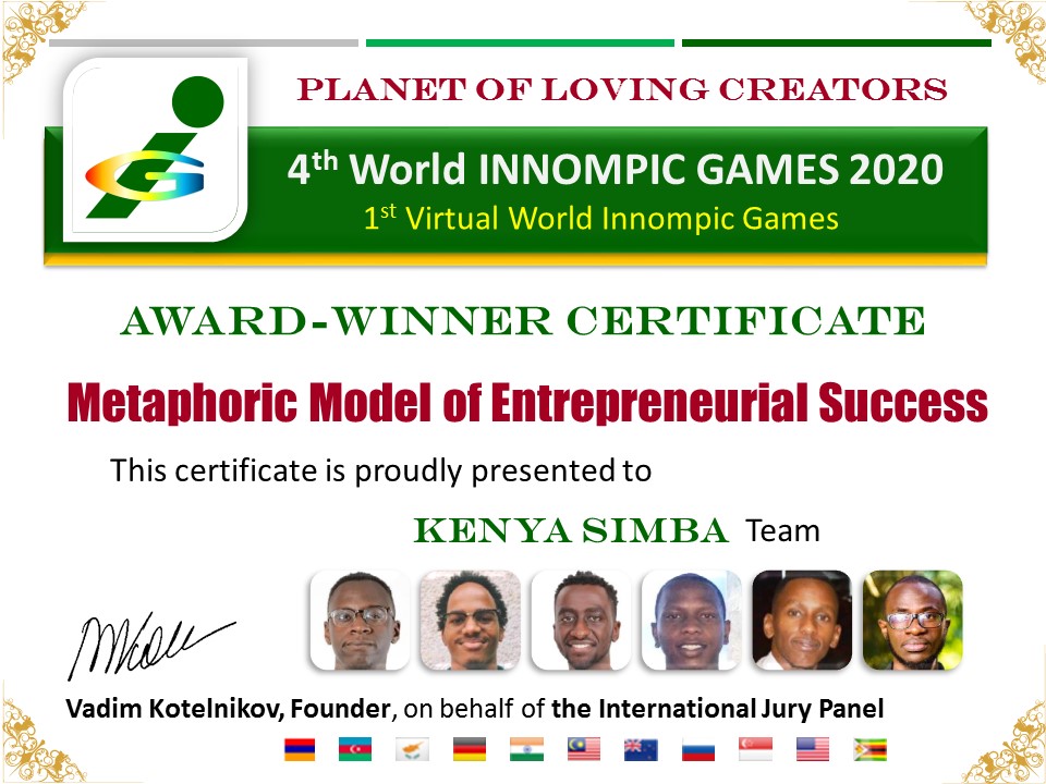 Innimpic Games 2020 award certificate Metaphoric Model of Entrepreneurial Success, Lion, Kenya Simba team