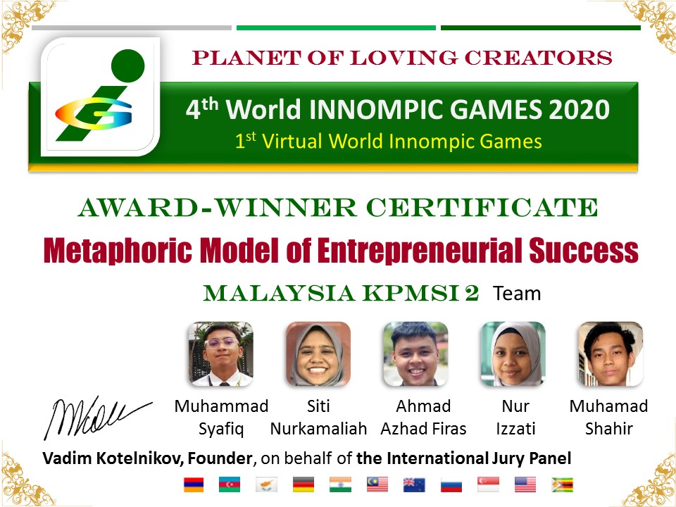 Award Certificate: Metaphoric Model of Entrepreneurial Success, Malaysia KPMSI student team