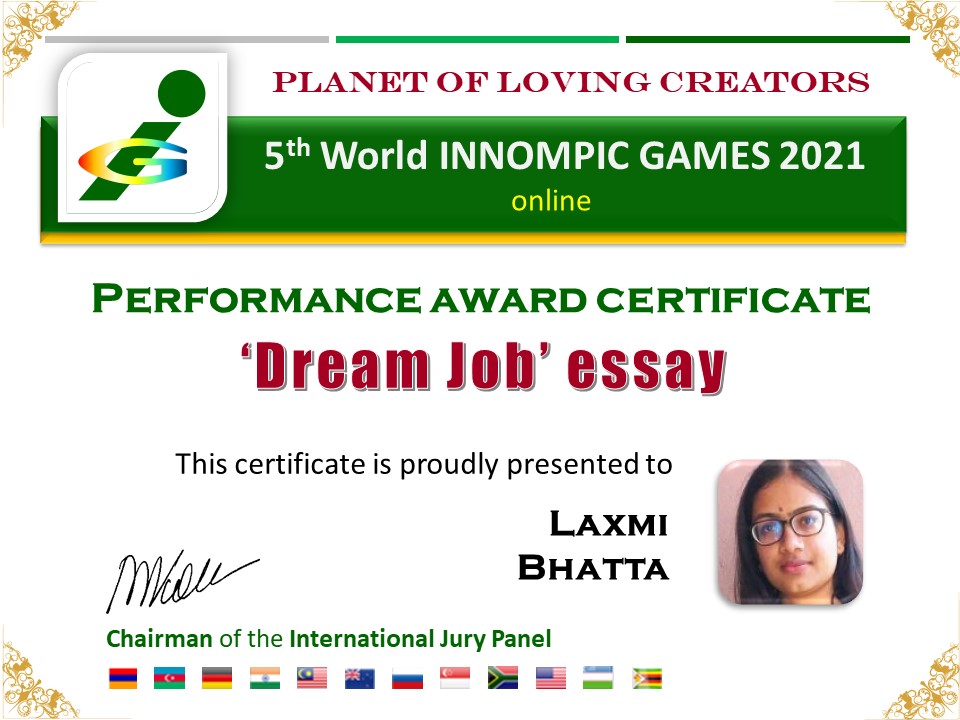 Dream Job essay award certificate Social Entrepreneur, Laxmi Bhatta, Nepal