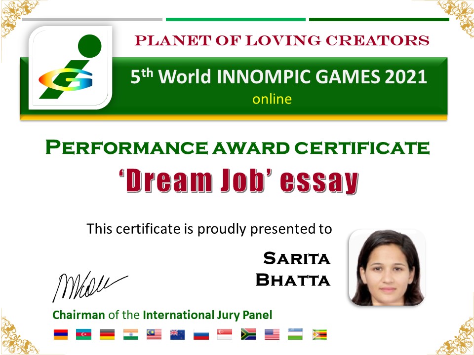 Award Certificate Dream Job Essay Sarita Bhatta Nepal CEO Bank SAIM Innompic Games 2021