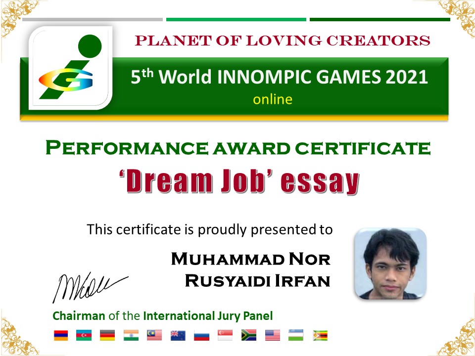 Dream Job essay award certificate Muhammad Nor Rusyaidi Irfan, KPMSI Malaysia, World Innompic Games 202