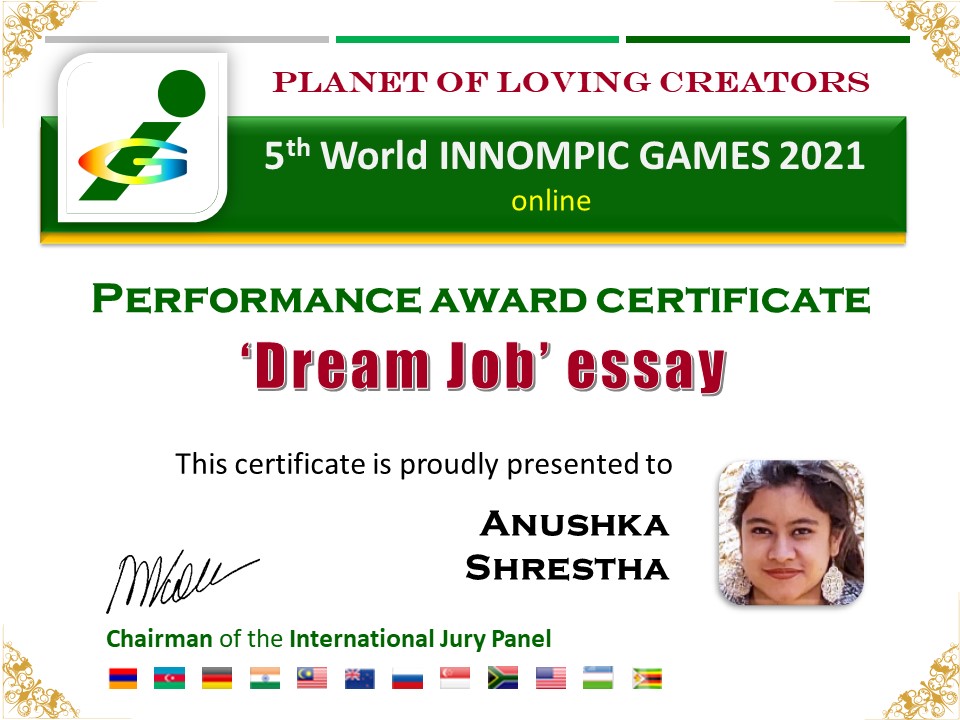 Dream Job essay award certificate, Anushka Shrestha, Nepal, SAIM, MBA, Staying Tuned