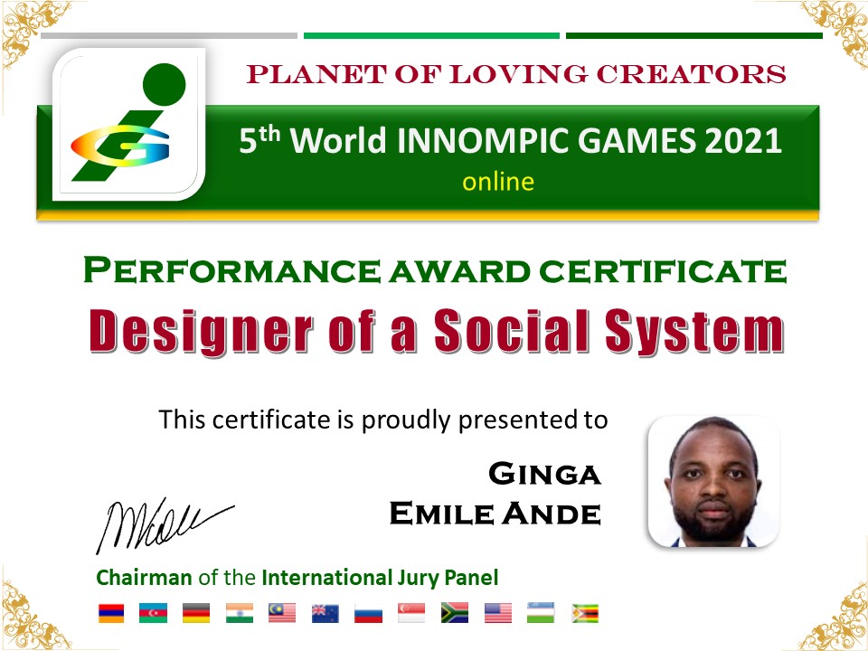 Designer of a Social System: Innompics Africa - award certificate Ginga Emile Ande, Cameroon, World Innompic Games 2021