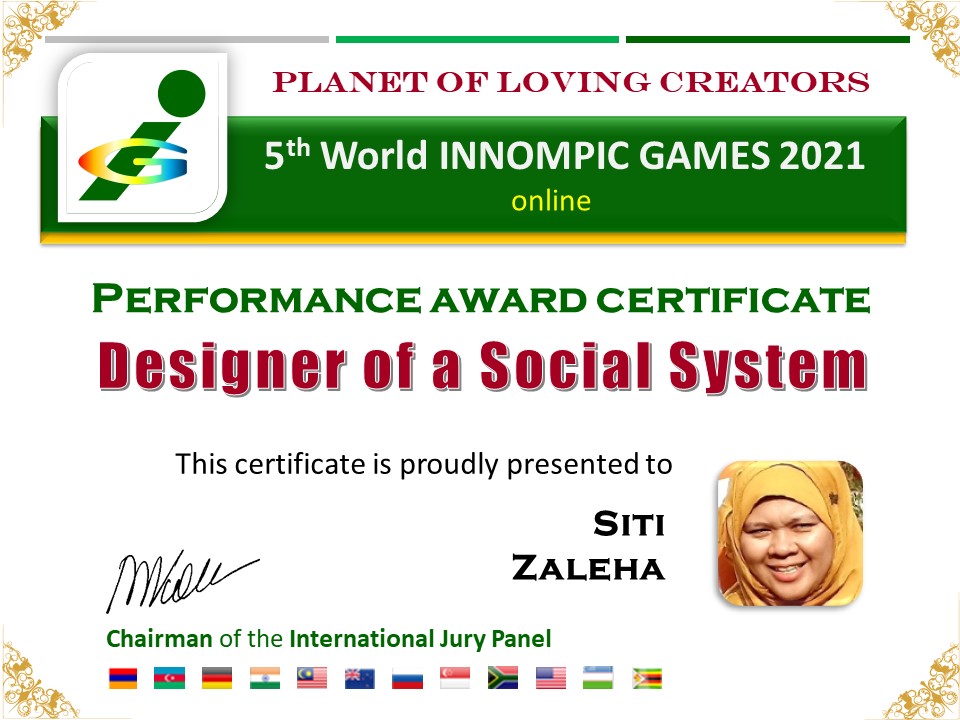 Designer of a Social System award certificate Siti Zaleha, KPMSI, Malaysia, World Innompic Games 2021